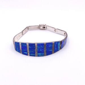 Taxco Mexico Sterling Silver Bracelet With Inlaid Fire Blue Opal Panels 7”